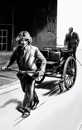 an old drawing of two men walking past a horse and buggy