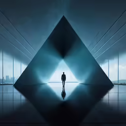 a person standing in front of a large piece of art