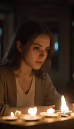 girl sitting in front of a bunch of candles