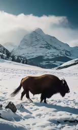a bison is walking in the snow beside a mountain