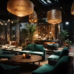 a living room with lots of green furniture