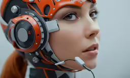 a woman in an orange headpiece and ear piece
