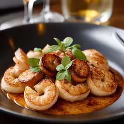 plate of food, shrimp with sage, served with water