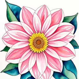the drawing of a flower with leaves on it,the flowers are painted on a piece of paper,an image of a flower painted in watercolor,a pink and white flower with green leaves around it,a drawing of a pink flower with leaves around it