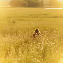 a woman walks through tall grass in the sun