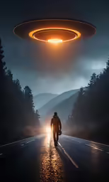 a man walking down the road towards a alien ring above him