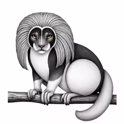 a black and white lion with gold eyes sitting on a branch