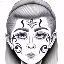 an artist with her face painted as a demon,a girl with face painted like a spider,a pencil drawing of a woman