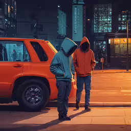 two men standing on a side walk next to a car,two people are standing by a parked vehicle