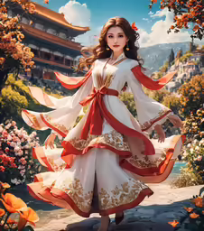 an animated woman standing on a cobblestone area