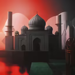 an artistic painting of buildings in the background