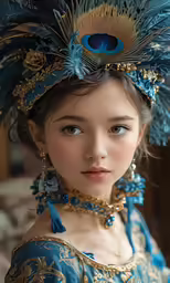 a young girl in a blue and gold costume