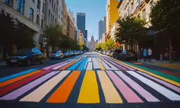 the view down a street of a painted city street