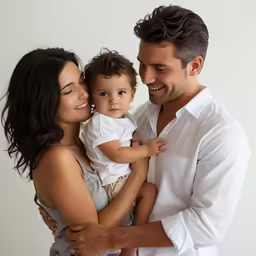 a father and daughter pose for the camera in their home