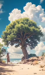 a girl is walking on the beach under the tree