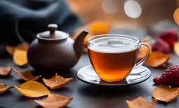 a glass cup with coffee sitting next to a teapot