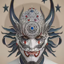 a mask with several blue, red and white decorations on it