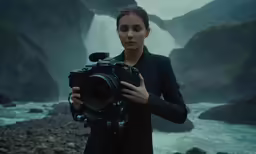 a woman holding a camera standing in front of water
