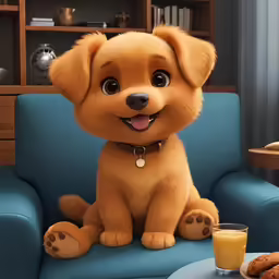 a stuffed animal dog sitting in a blue chair next to a glass of orange juice