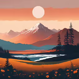 the mountains are all painted with various shades of yellow,a painting of mountains with trees in the foreground and a lake below