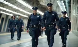 a group of police officers walking along a tunnel