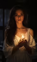 young woman holding light in glass jar illuminated by candlelight