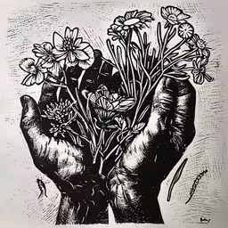 a black and white drawing of two hands holding a bunch of flowers,a drawing of hands holding flowers and some leaves