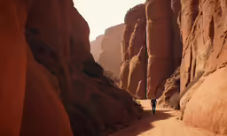 a lone man stands alone in a slot in the rock formations