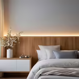 a white lamp sitting on top of a night stand next to a bed