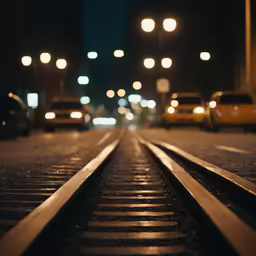 two tracks stretching towards the night with city lights in background