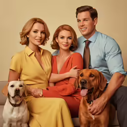 two dogs sit next to a woman on a couch