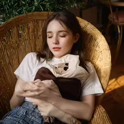 a young woman sitting in a chair holding a teddy bear