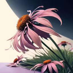 a pink flower and some plants with purple flowers in it