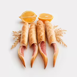 an orange on the left and three sausages and two other meats in them