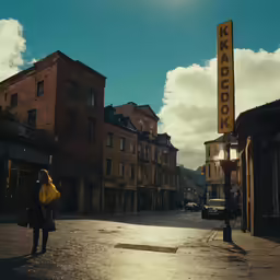 the person with a backpack is walking down the street in the middle of the town