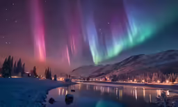 the aurora lights shine brightly over a winter wonderland