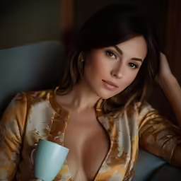 a naked woman in floral dress holding a blue cup