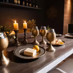 a dinner table with an assortment of cheese and bread
