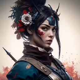a close up of a person wearing makeup and an outfit with a gun