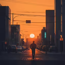 a man walking across a street at sunset