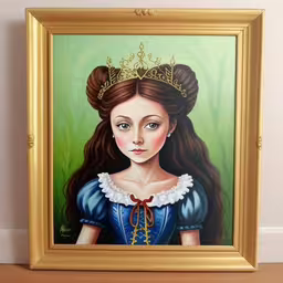 a painting in a gold frame of a girl with braids and a crown,a painting of a woman wearing a tiara