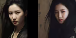 two women wearing hair in oriental costumes,an asian woman with long black hair and black eyes