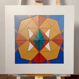 there is an art print in front of a painting on a easel,a picture on a wooden easel that has been painted,a colorful picture is hanging on the wall,an abstract painting with orange and red squares,an art work by a painting artist, on canvas