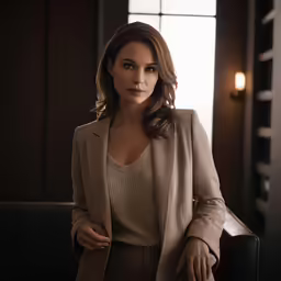 a woman wearing a suit leaning against a wall