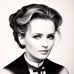 the woman is dressed in a top knot and black tie