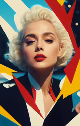 a blonde haired woman wearing blue, red, yellow and black