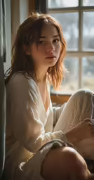 a woman sitting on a bed with a white robe