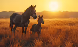 a couple of horses standing next to each other on a lush green field