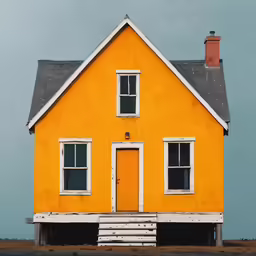 a yellow house with no roof in front of blue sky