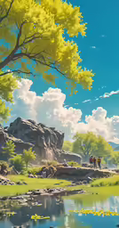 some people walking on a path next to a river